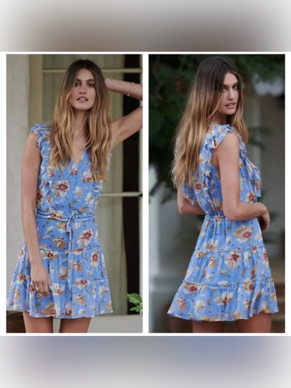Paige Barbarella Silk Boho Blue Floral Ruffles Cottagecore Mini Dress Medium
